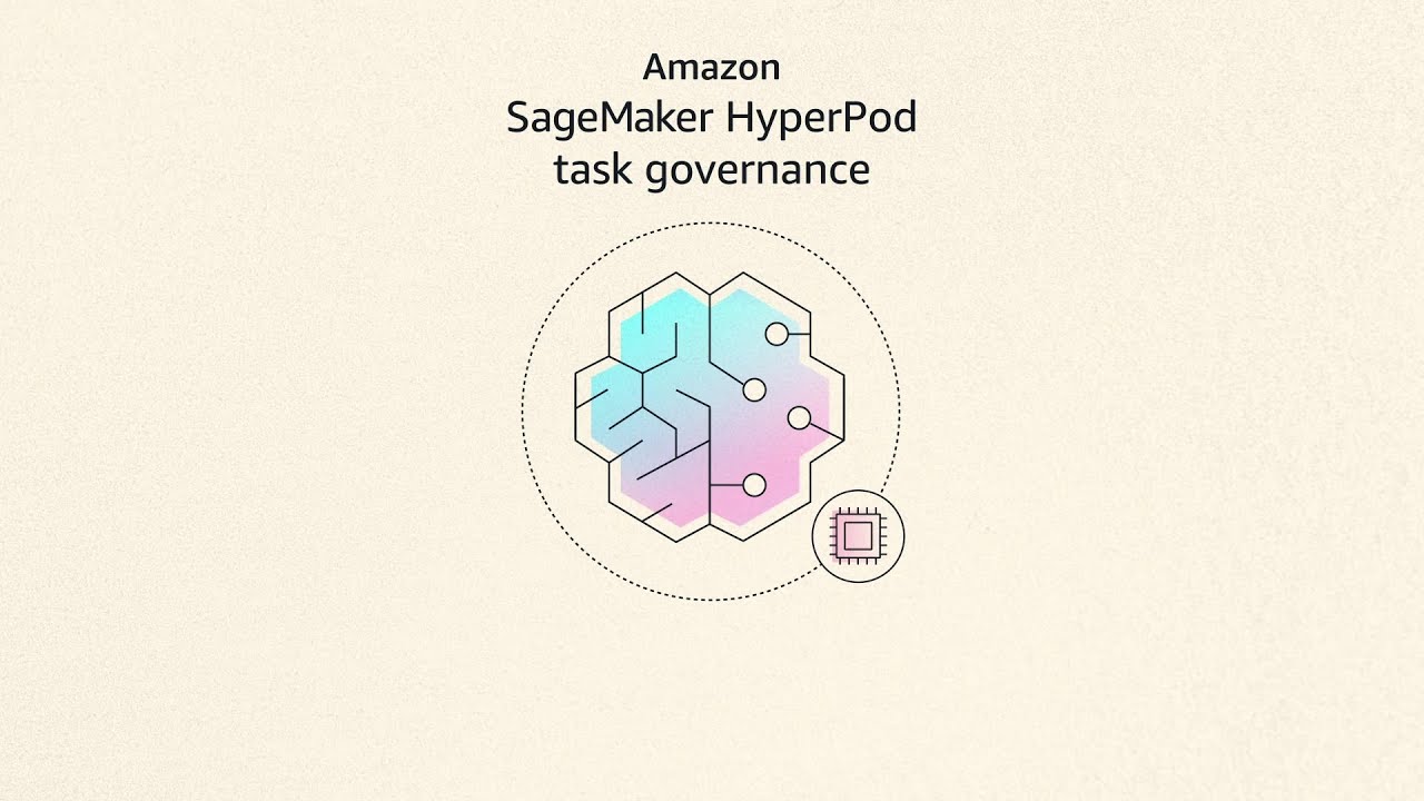 YouTube thumbnail image featuring the Amazon SageMaker HyperPod task governance title with a stylized AI/ML brain and chip illustration in pastel colors on a light background.