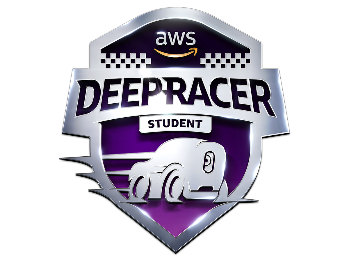 Logo for the AWS DeepRacer Student League featuring a stylized racing car and shield with the text 'AWS DeepRacer Student'.