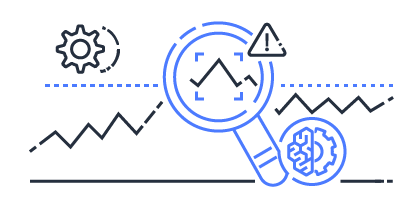 Illustration representing anomaly detection and data variation in Amazon QuickSight, featuring a magnifying glass highlighting a warning sign on a data chart with gears indicating analytics processing.