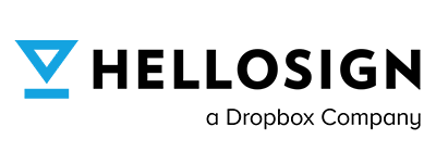 Logo for HelloSign, a Dropbox company, featuring black text and a blue checkmark symbol.