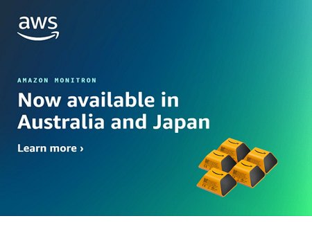 Alt-text: "AWS Amazon Monitron announcement stating availability in Australia and Japan, with six yellow Monitron devices displayed."