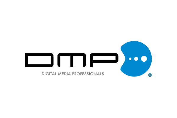 Logo of DMP featuring bold black text with a blue and grey accent design.