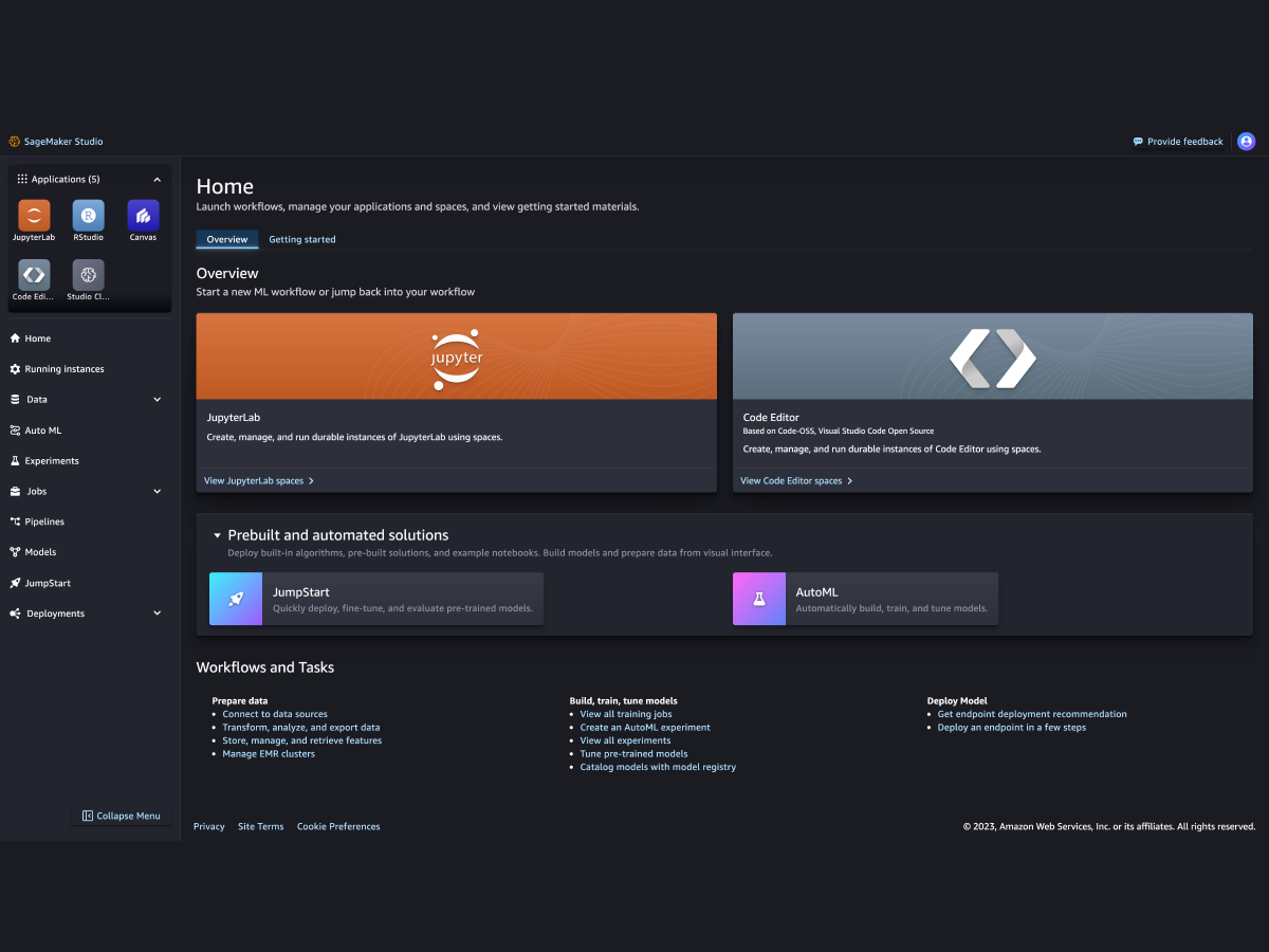 Screenshot of the Amazon SageMaker Studio dashboard, showing an overview of available workflows, applications like JupyterLab and Code Editor, prebuilt solutions such as JumpStart and AutoML, and navigation for data, experiments, models, and deployments.