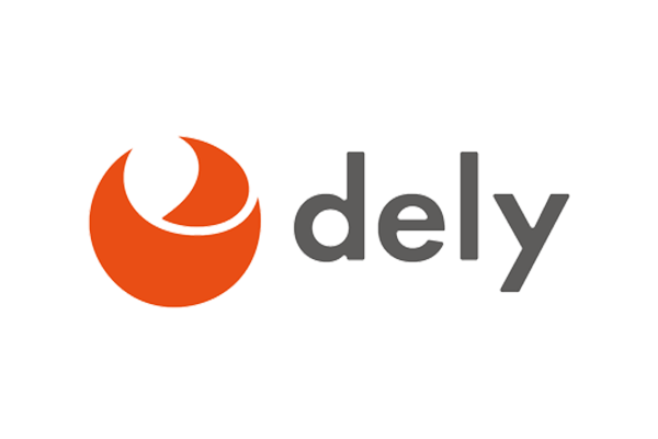 The logo of Dely, featuring an abstract orange icon and the word 'dely' in gray text on a white background.