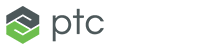 Logo of PTC featuring a geometric icon in green and black next to the letters 'ptc' in black text.