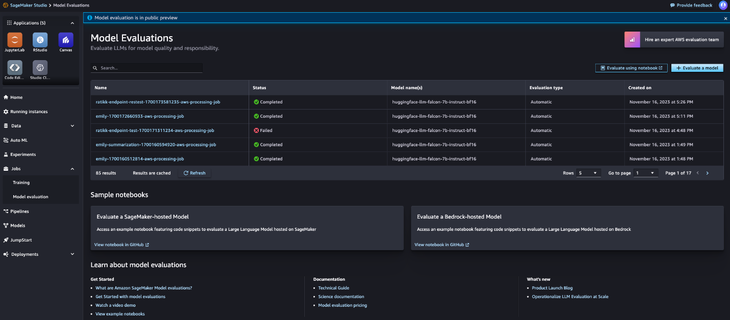 Screenshot of the Model Evaluations dashboard in Amazon SageMaker Studio, showing evaluation results for large language models (LLMs) including job names, statuses, model names, evaluation types, and sample notebook options.
