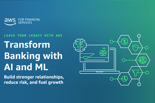 "Promotional graphic for AWS Financial Services highlighting AI and ML solutions for banking, featuring a laptop and connected icons."