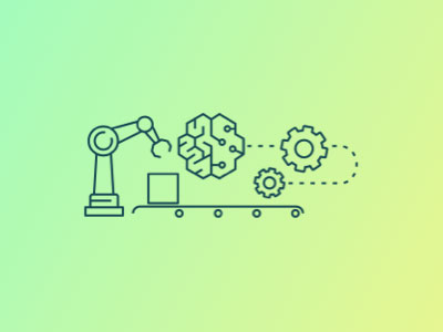"Illustration of a robotic arm, a brain-shaped icon, gears, and a conveyor belt on a gradient green background, symbolizing automation and AI."