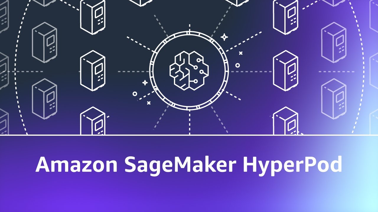 YouTube thumbnail image for Amazon SageMaker HyperPod, featuring a graphical representation of interconnected servers and the SageMaker logo on a purple gradient background.
