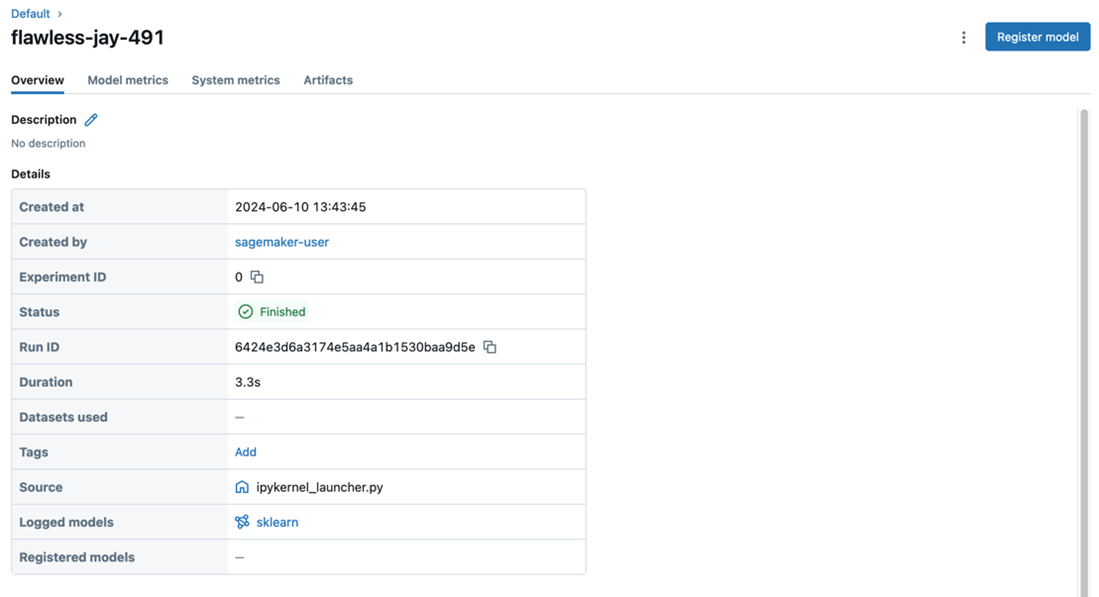 Screenshot of the MLflow model overview page in Amazon SageMaker showing details for the model 'flawless-jay-491', including a Finished status, creation date, experiment ID, source, logged models, and other metadata.