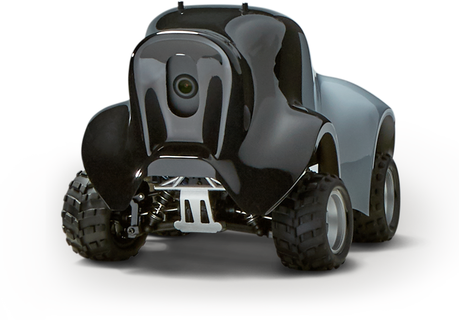 A front view of the AWS DeepRacer, an autonomous machine learning model car with rugged wheels designed for AI and machine learning experiments and competitions.