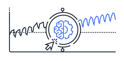 An illustration showing a graph with fluctuating data lines and a gear with a brain icon, representing machine learning powered forecasting and predictive analytics.