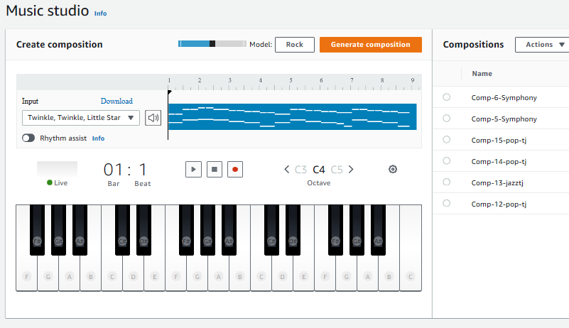 Screenshot of a music studio application showing a virtual keyboard, composition tracks, playback controls, and a list of generated compositions such as symphonies and pop tracks.