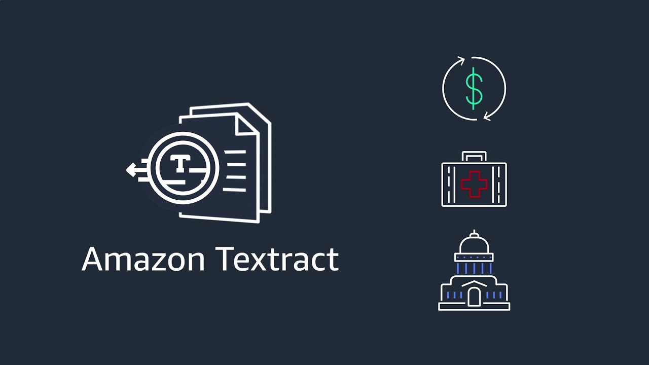 Illustration representing Amazon Textract, featuring its logo, financial, healthcare, and government sector icons on a dark background.