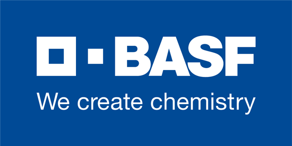 BASF company logo with the text 'We create chemistry' displayed on a blue background.