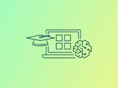 Line art of a laptop with a graduation cap and a brain icon, symbolizing education and artificial intelligence, on a gradient green-yellow background.