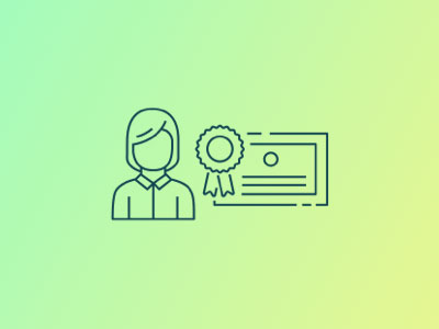 Line art of a person next to a certificate with a ribbon, on a gradient green and yellow background.