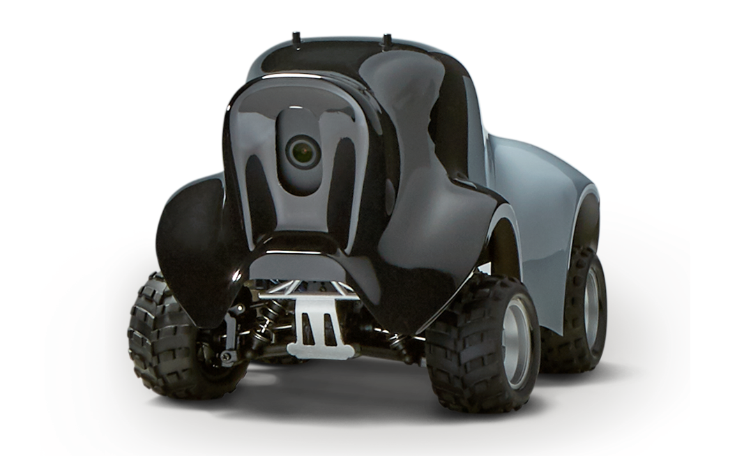 Rear view of the AWS DeepRacer autonomous racing car, used for machine learning and artificial intelligence experiments and competitions.