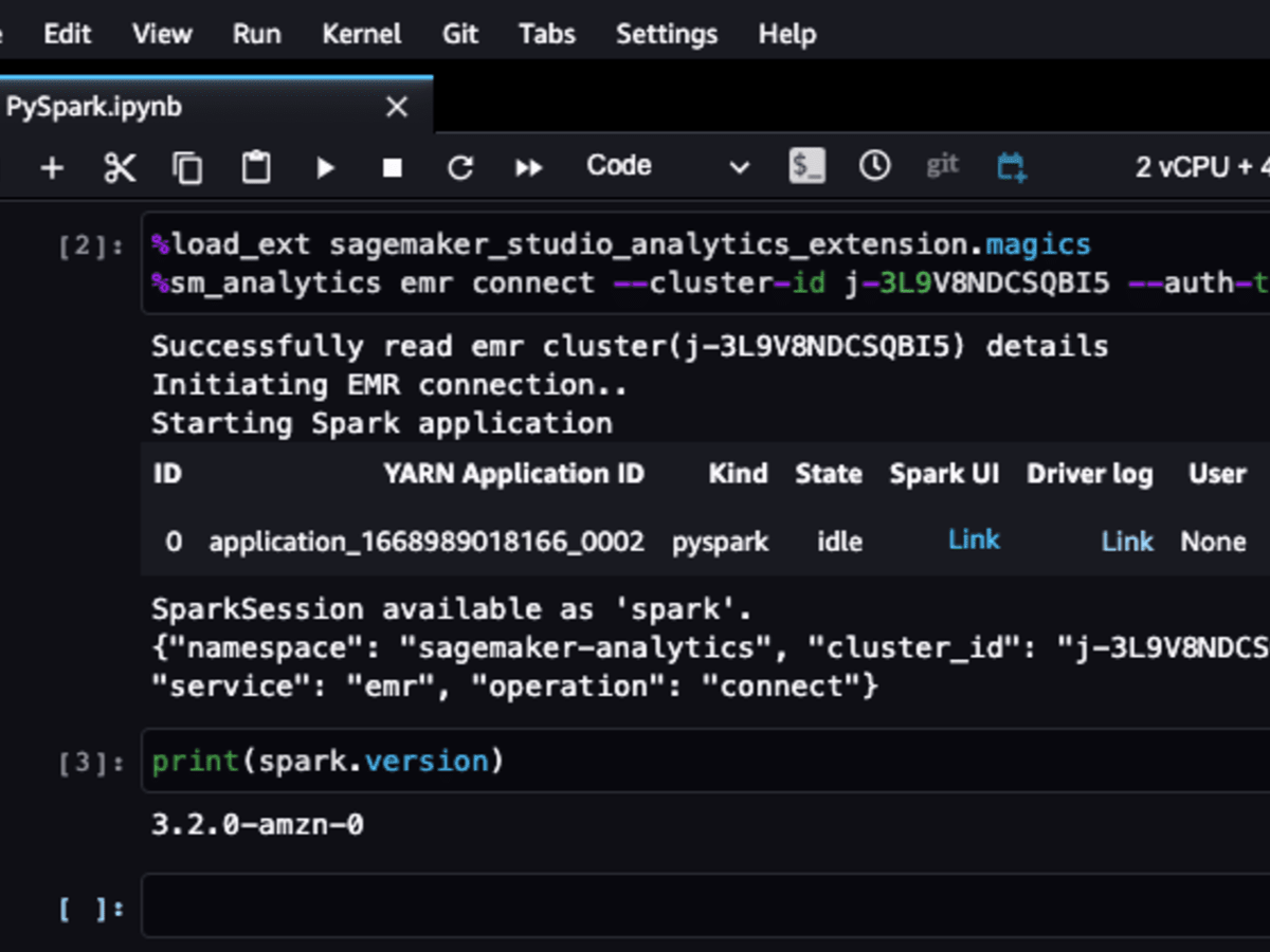 Screenshot of a Jupyter notebook in Amazon SageMaker Studio showing commands and output for connecting to an Amazon EMR cluster using PySpark. The example demonstrates loading the SageMaker Studio Analytics extension, connecting to an EMR cluster, and initializing a SparkSession. The version of PySpark used is 3.2.0-amzn-0.
