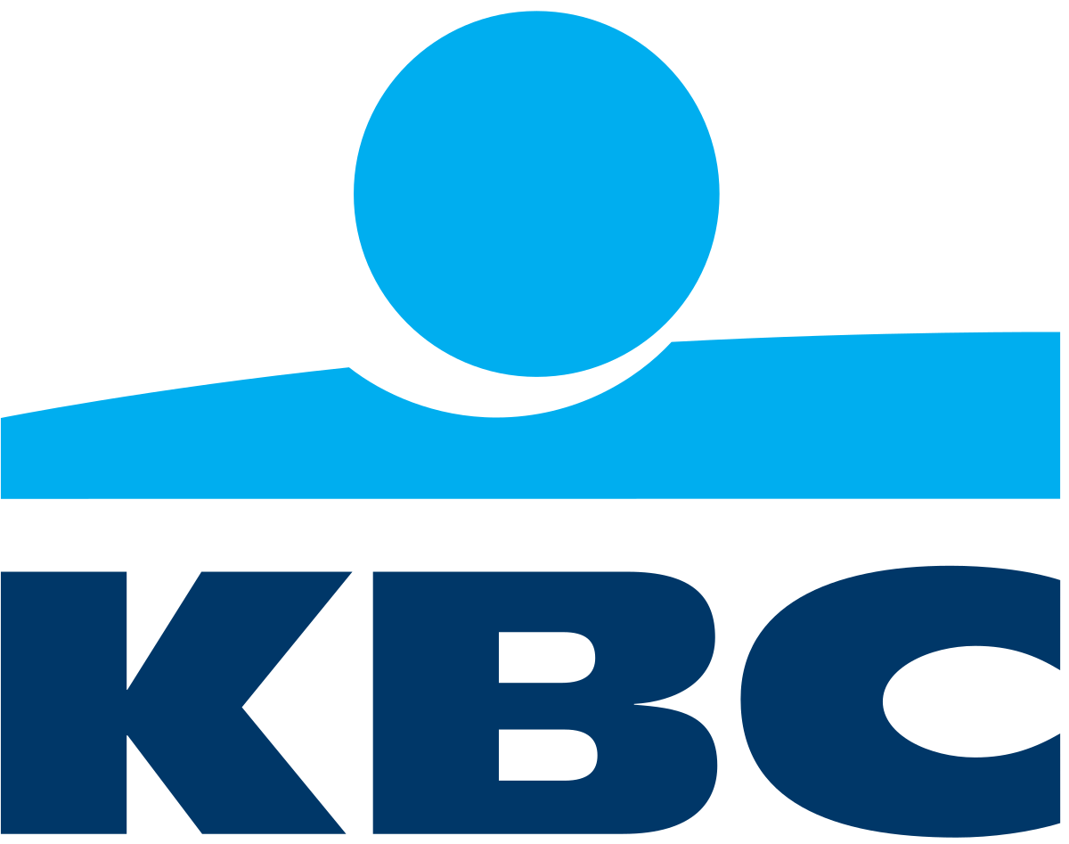 KBC Bank logo with a blue color scheme, featuring a stylized blue circle and abstract shape above the bold letters 'KBC'.
