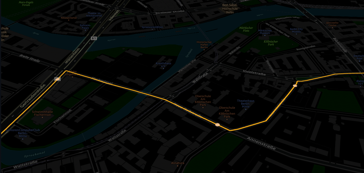 A dark-themed map of Berlin featuring a highlighted GPS route in yellow, showing streets, water bodies, and notable landmarks along the path.