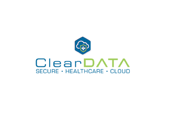 ClearDATA logo with the tagline 'Secure. Healthcare. Cloud.' featuring a blue and green color scheme and a cloud with a medical cross icon.