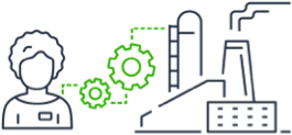 Illustration of a person connected to a factory via green gears, symbolizing industrial processes or collaboration.