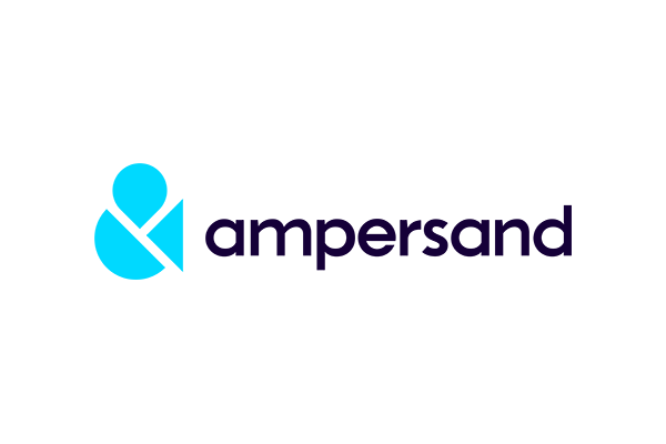 Logo design featuring an ampersand in bright cyan and dark blue colors.