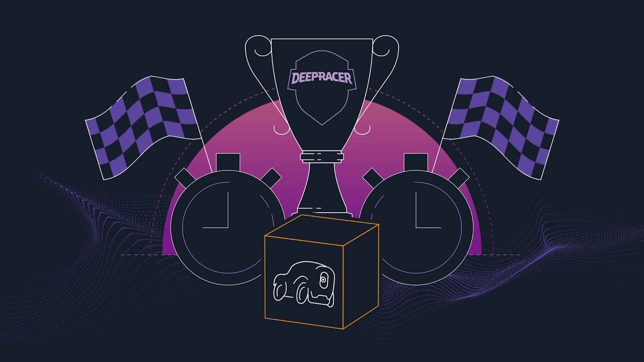 Illustration featuring the AWS DeepRacer logo on a trophy, with racing flags, stopwatches, and a car icon on a box, representing the AWS DeepRacer machine learning racing competition.