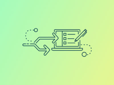Illustration of arrows pointing to a laptop screen with a checklist and a pencil, on a gradient green-yellow background.