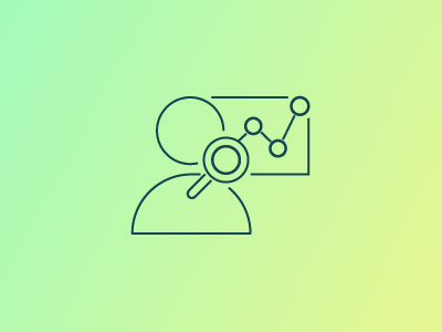 Line art of a person with a magnifying glass and a graph, symbolizing data analysis, on a gradient green and yellow background.