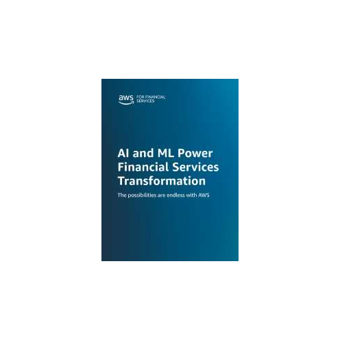 "AI and ML Power Financial Services Transformation" text on a blue gradient background with the AWS logo.