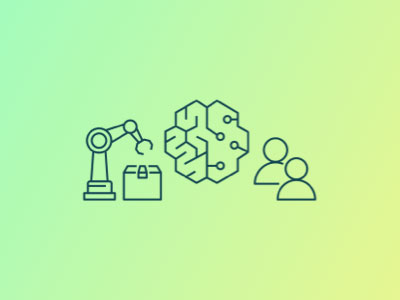 Line art illustration showing a robotic arm handling a box, a symbol representing artificial intelligence or machine learning, and two human figures on a green-yellow gradient background. This image represents the integration of AI/ML technologies in industrial or manufacturing environments.