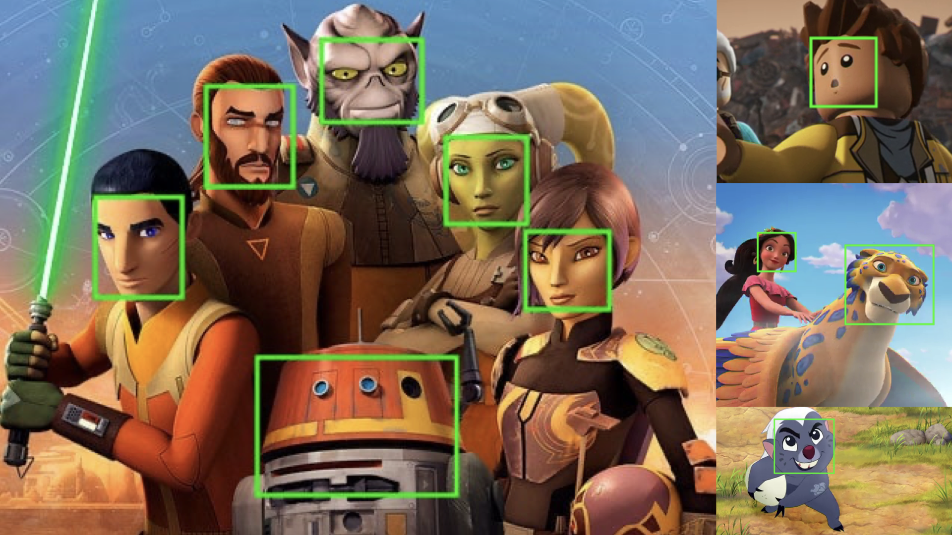 A composition featuring various Disney animated characters from different shows with green face detection boxes drawn around their faces. The central image includes characters from 'Star Wars Rebels,' while the side images show characters from other Disney animated series such as LEGO and animal-based adventures.