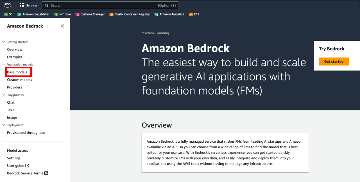 Screenshot of the Amazon Bedrock console showing the 'Base models' section under Foundation models. The main page displays a description of Amazon Bedrock as an easy way to build and scale generative AI applications with foundation models (FMs), along with an overview of the managed service and its capabilities.