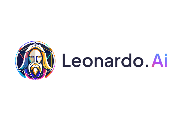 Logo for Leonardo AI featuring a stylized portrait resembling Leonardo da Vinci with geometric accents and vibrant colors next to the text 'Leonardo AI'.