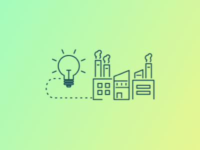 Line art of a light bulb connected to factory buildings with smoke stacks, on a green gradient background.
