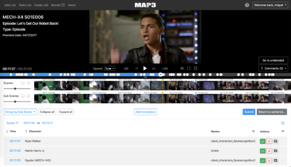Screenshot of the MAP3 annotation tool displaying a scene from the Disney series MECH-X4 (Season 1, Episode 6: 'Let's Get Our Robot Back!'). The interface shows a video timeline, character labeling, and worker assignments for annotating characters Ryan Walker, Harris Harris Jr., and Spyder (MECH-X4) in the episode.