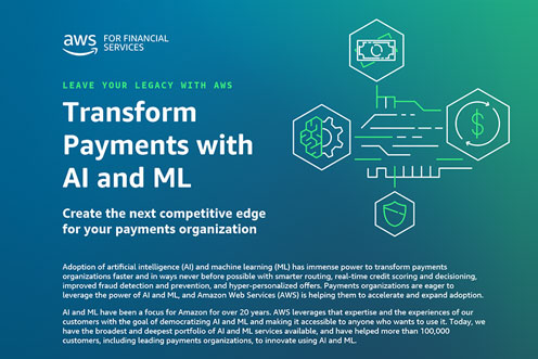Alt-text: AWS promotional graphic with text about transforming payments using AI and ML, featuring financial icons and a gradient blue-green background.