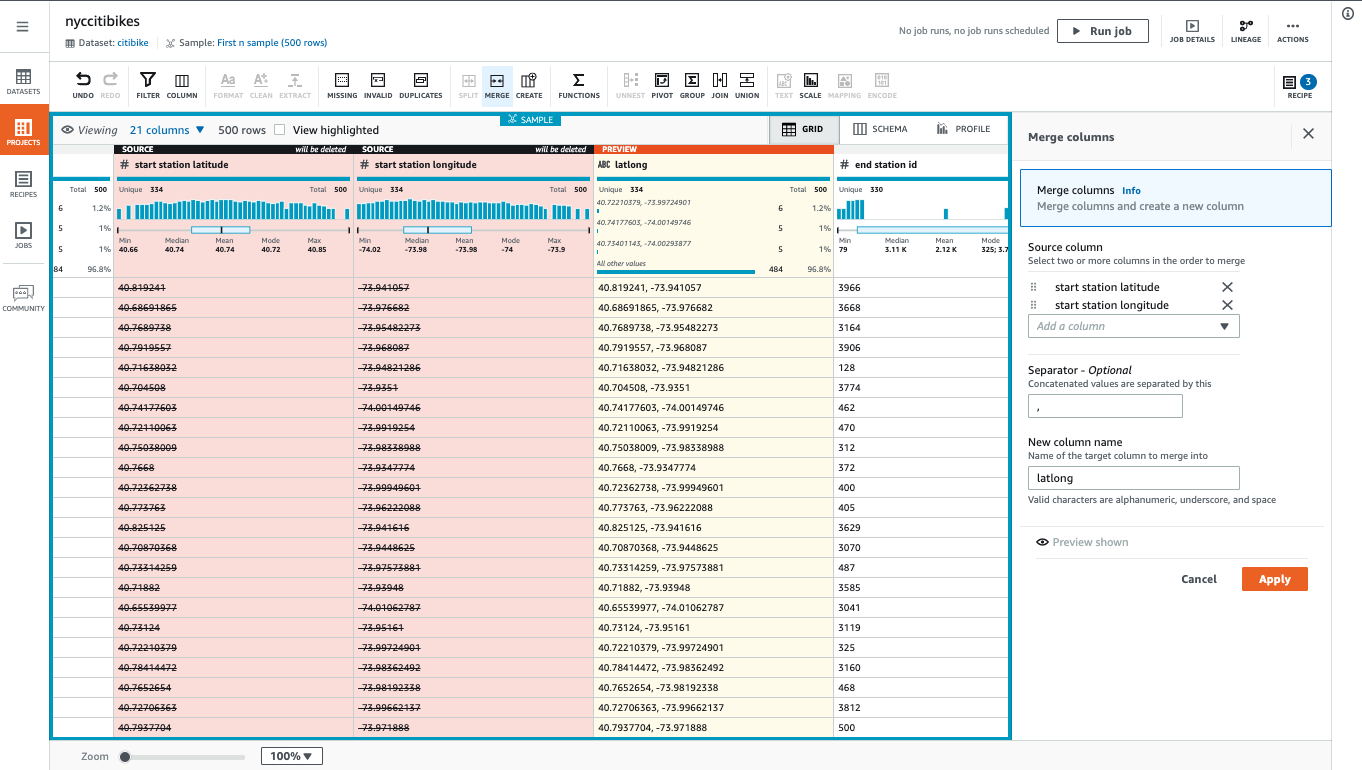 Screenshot of an AWS data analytics tool interface displaying the process of merging latitude and longitude columns into a new 'latlong' column within a Citi Bike dataset. Shows summary statistics, column merging options, and rows of geospatial data.