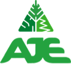 "Green AJE logo with a triangular leaf design above the letters."