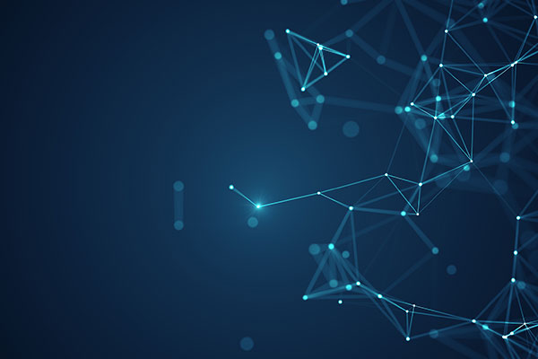 Abstract image featuring a dark blue background with interconnected glowing points and lines forming a network pattern, symbolizing data analytics, technology, or digital connectivity.