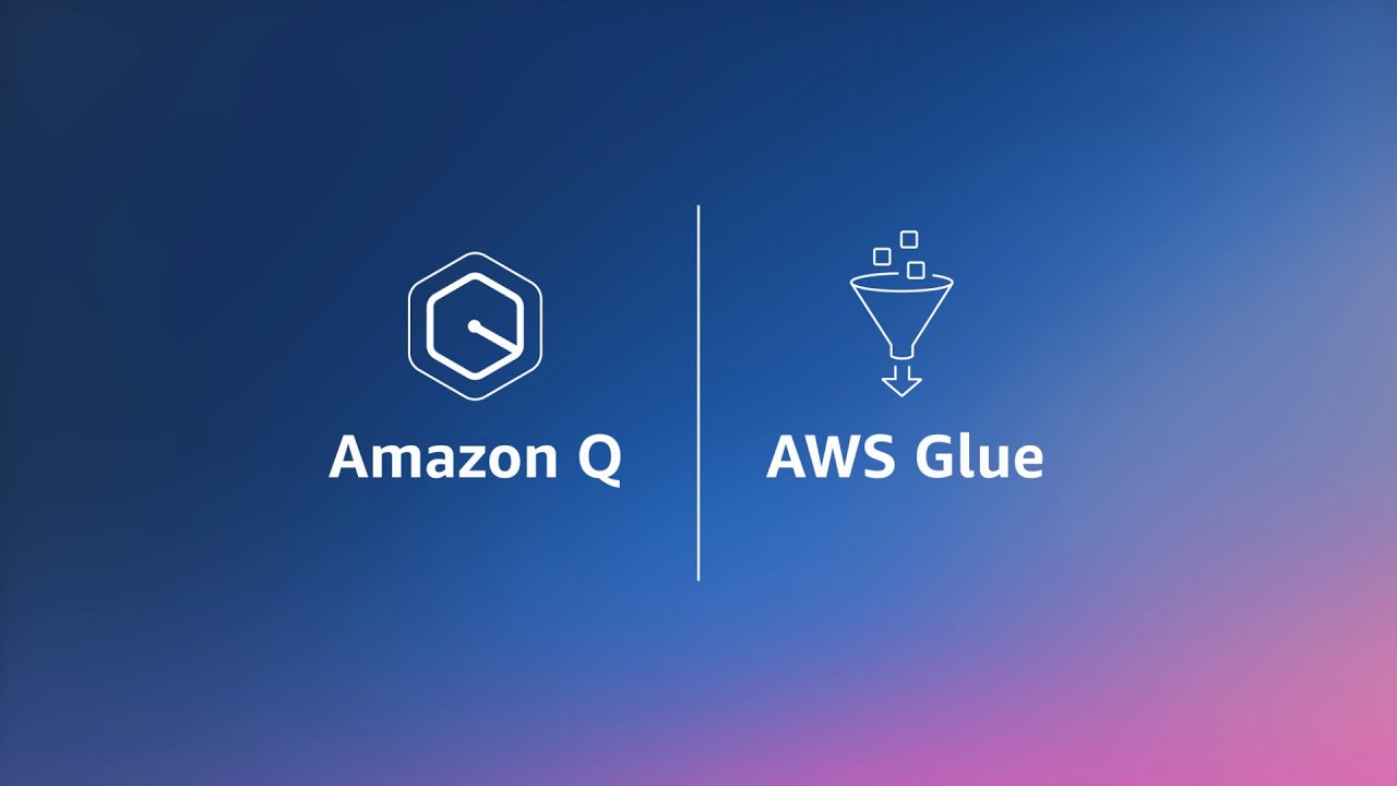 YouTube thumbnail image featuring the logos and names of Amazon Q and AWS Glue on a blue and pink gradient background.