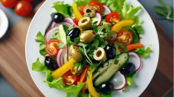 A colorful salad with lettuce, cherry tomatoes, cucumber slices, yellow bell peppers, red onion, black and green olives, and a garnish of fresh greens.
