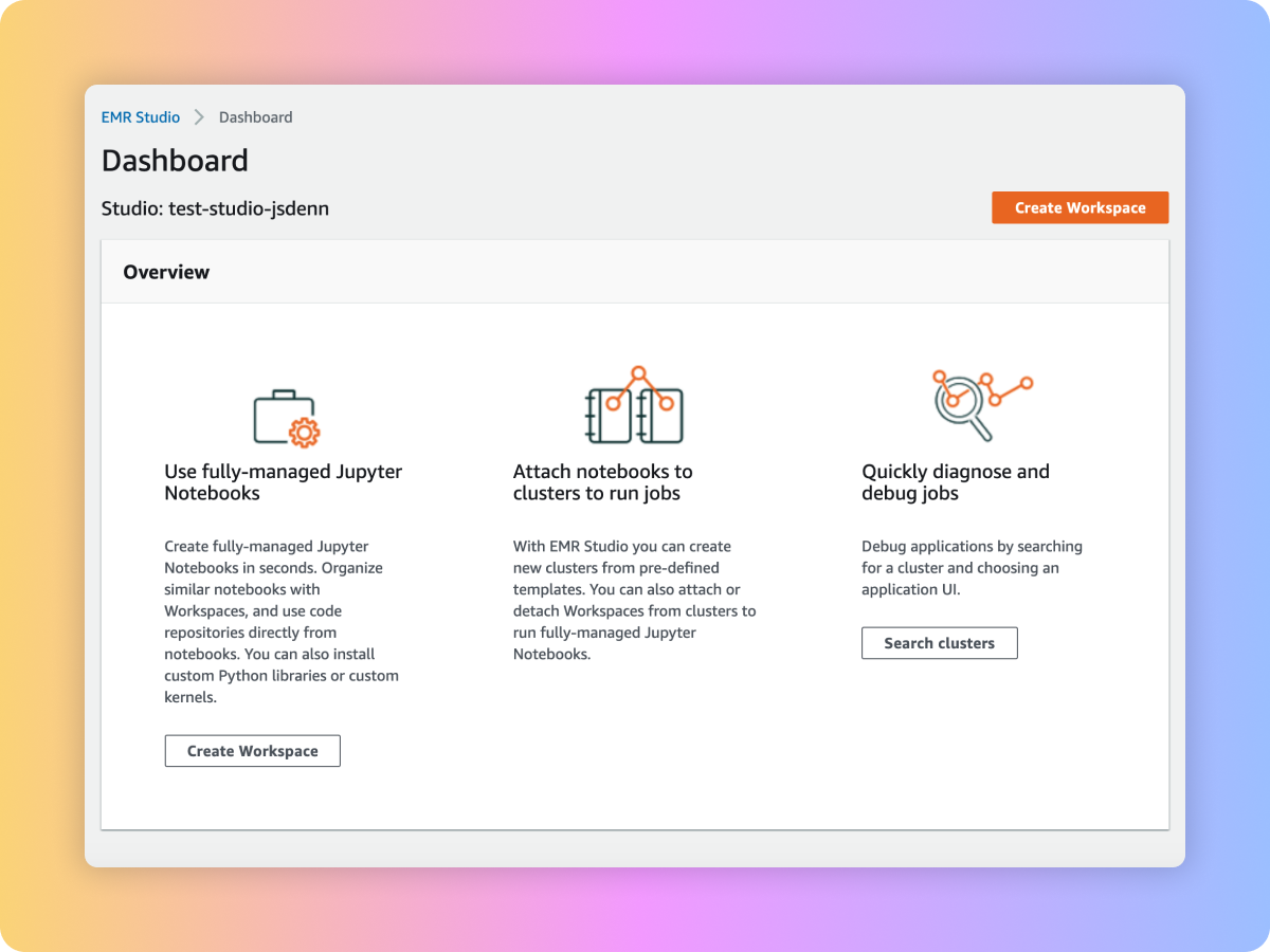 Screenshot of the AWS EMR Studio dashboard highlighting the use of fully-managed Jupyter Notebooks, notebook attachment to clusters for running jobs, and tools for quick diagnosis and debugging. The interface allows creation of workspaces and searching clusters, useful for analytics and data engineering workflows.