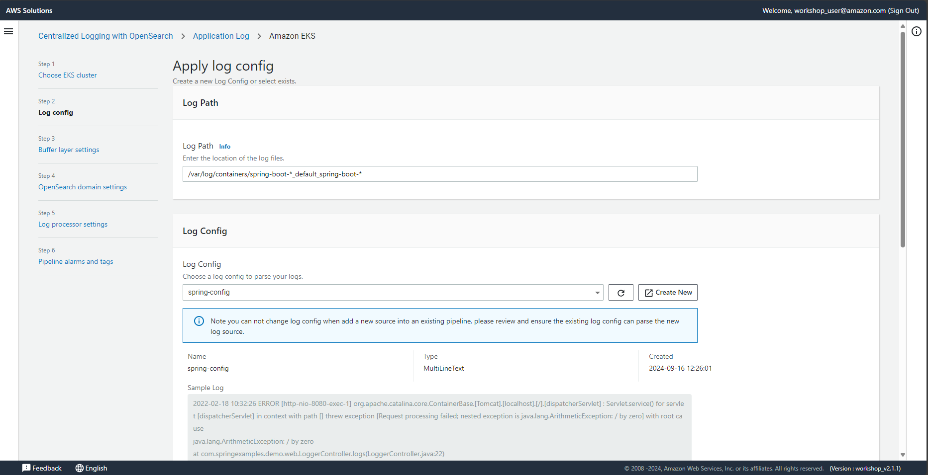 Screenshot of the 'Apply log config' step in the AWS Solutions Centralized Logging with OpenSearch workflow for EKS application logs. The interface shows selection and configuration of log files and log configuration for application logs, including a sample log, log path, and the ability to create a new log config.