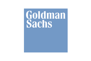 Goldman Sachs logo in white text on a blue square background.