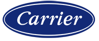 The Carrier logo featuring white script text 'Carrier' inside a blue oval shape on a white background.