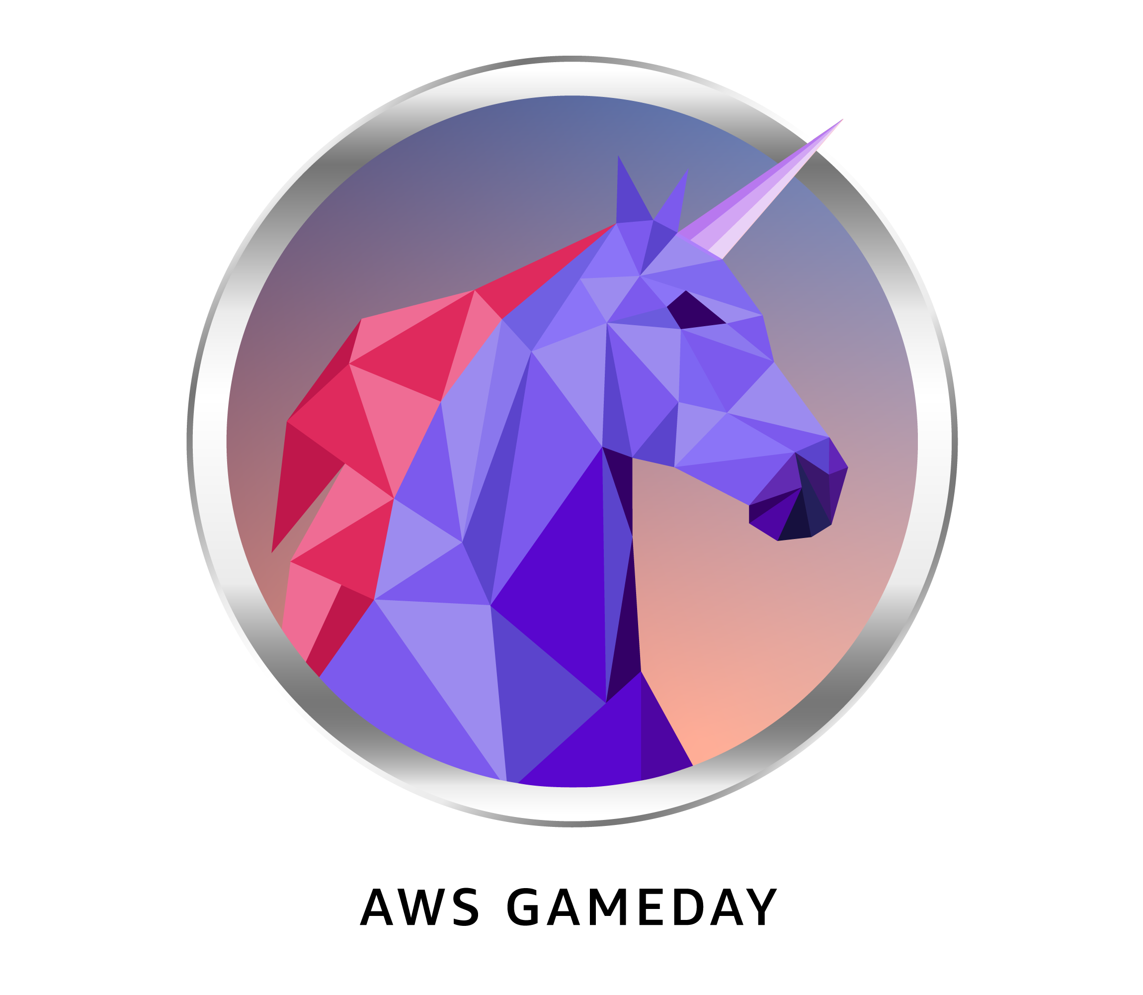 Geometric purple and pink unicorn head inside a silver circular frame against a gradient background.