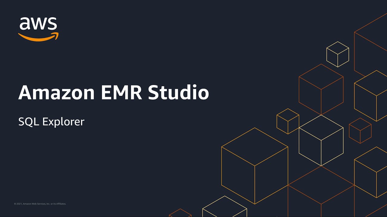 YouTube thumbnail image for Amazon EMR Studio featuring SQL Explorer, with AWS branding and geometric cube designs on a dark background.